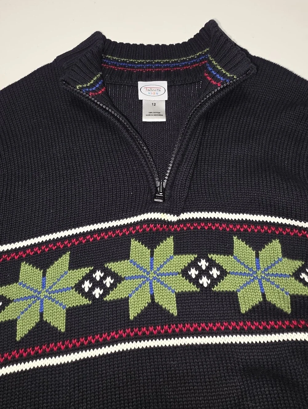 Talbots Kids Fair Isle Vintage Quarter-Zip Cotton Knit Black Sweater Sz 12